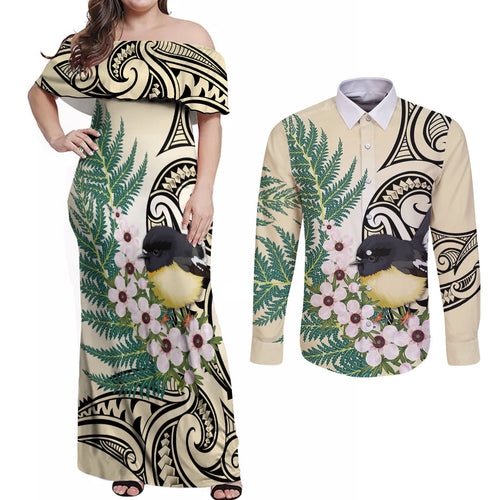 Endemic Tomtit New Zealand Couples Matching Off Shoulder Maxi Dress and Long Sleeve Button Shirt Miromiro Manuka Silver Fern Maori Pattern