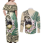 Endemic Tomtit New Zealand Couples Matching Off Shoulder Maxi Dress and Long Sleeve Button Shirt Miromiro Manuka Silver Fern Maori Pattern