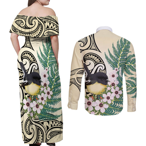 Endemic Tomtit New Zealand Couples Matching Off Shoulder Maxi Dress and Long Sleeve Button Shirt Miromiro Manuka Silver Fern Maori Pattern