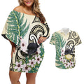Endemic Tomtit New Zealand Couples Matching Off Shoulder Short Dress and Hawaiian Shirt Miromiro Manuka Silver Fern Maori Pattern