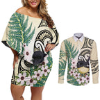 Endemic Tomtit New Zealand Couples Matching Off Shoulder Short Dress and Long Sleeve Button Shirt Miromiro Manuka Silver Fern Maori Pattern