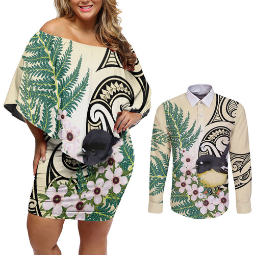 Endemic Tomtit New Zealand Couples Matching Off Shoulder Short Dress and Long Sleeve Button Shirt Miromiro Manuka Silver Fern Maori Pattern