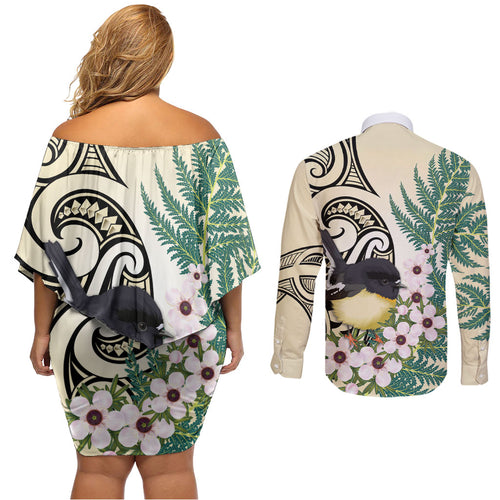 Endemic Tomtit New Zealand Couples Matching Off Shoulder Short Dress and Long Sleeve Button Shirt Miromiro Manuka Silver Fern Maori Pattern