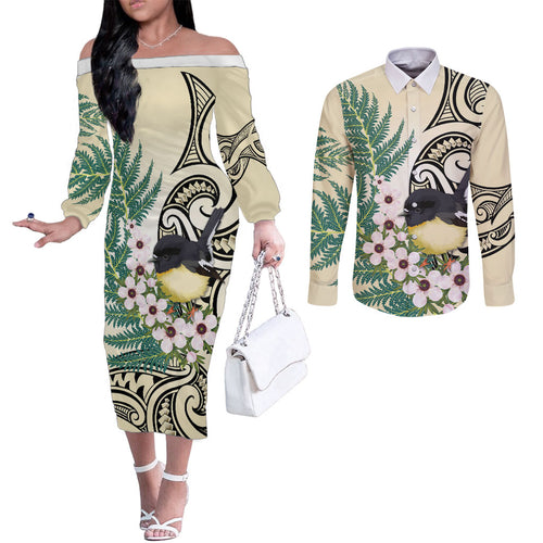 Endemic Tomtit New Zealand Couples Matching Off The Shoulder Long Sleeve Dress and Long Sleeve Button Shirt Miromiro Manuka Silver Fern Maori Pattern