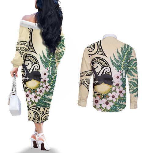 Endemic Tomtit New Zealand Couples Matching Off The Shoulder Long Sleeve Dress and Long Sleeve Button Shirt Miromiro Manuka Silver Fern Maori Pattern