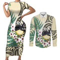 Endemic Tomtit New Zealand Couples Matching Short Sleeve Bodycon Dress and Long Sleeve Button Shirt Miromiro Manuka Silver Fern Maori Pattern