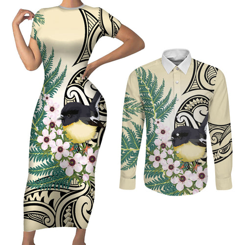 Endemic Tomtit New Zealand Couples Matching Short Sleeve Bodycon Dress and Long Sleeve Button Shirt Miromiro Manuka Silver Fern Maori Pattern