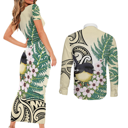 Endemic Tomtit New Zealand Couples Matching Short Sleeve Bodycon Dress and Long Sleeve Button Shirt Miromiro Manuka Silver Fern Maori Pattern