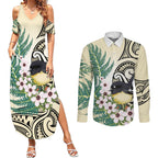 Endemic Tomtit New Zealand Couples Matching Summer Maxi Dress and Long Sleeve Button Shirt Miromiro Manuka Silver Fern Maori Pattern