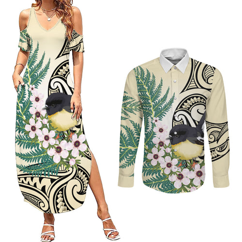 Endemic Tomtit New Zealand Couples Matching Summer Maxi Dress and Long Sleeve Button Shirt Miromiro Manuka Silver Fern Maori Pattern