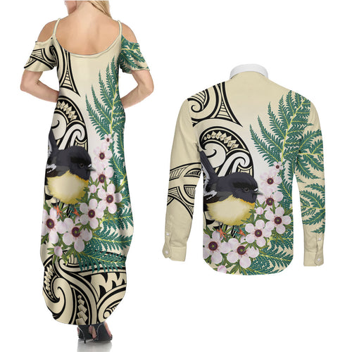 Endemic Tomtit New Zealand Couples Matching Summer Maxi Dress and Long Sleeve Button Shirt Miromiro Manuka Silver Fern Maori Pattern
