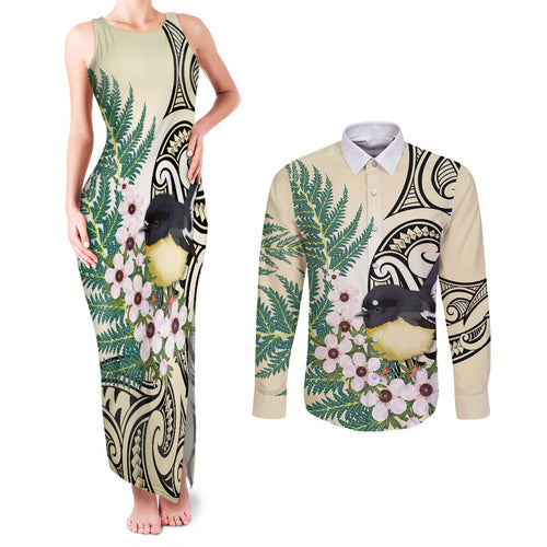 Endemic Tomtit New Zealand Couples Matching Tank Maxi Dress and Long Sleeve Button Shirt Miromiro Manuka Silver Fern Maori Pattern