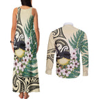 Endemic Tomtit New Zealand Couples Matching Tank Maxi Dress and Long Sleeve Button Shirt Miromiro Manuka Silver Fern Maori Pattern