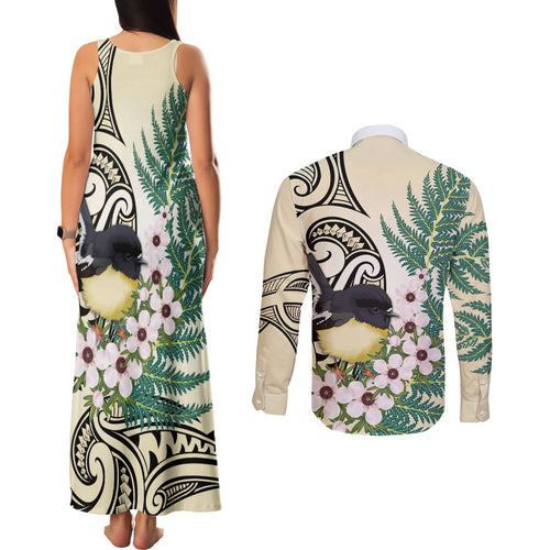 Endemic Tomtit New Zealand Couples Matching Tank Maxi Dress and Long Sleeve Button Shirt Miromiro Manuka Silver Fern Maori Pattern