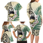 Endemic Tomtit New Zealand Family Matching Long Sleeve Bodycon Dress and Hawaiian Shirt Miromiro Manuka Silver Fern Maori Pattern