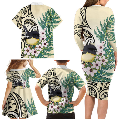 Endemic Tomtit New Zealand Family Matching Long Sleeve Bodycon Dress and Hawaiian Shirt Miromiro Manuka Silver Fern Maori Pattern