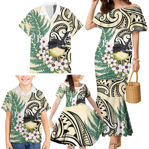 Endemic Tomtit New Zealand Family Matching Mermaid Dress and Hawaiian Shirt Miromiro Manuka Silver Fern Maori Pattern