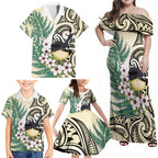 Endemic Tomtit New Zealand Family Matching Off Shoulder Maxi Dress and Hawaiian Shirt Miromiro Manuka Silver Fern Maori Pattern