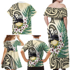 Endemic Tomtit New Zealand Family Matching Off Shoulder Maxi Dress and Hawaiian Shirt Miromiro Manuka Silver Fern Maori Pattern