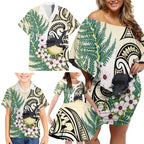 Endemic Tomtit New Zealand Family Matching Off Shoulder Short Dress and Hawaiian Shirt Miromiro Manuka Silver Fern Maori Pattern