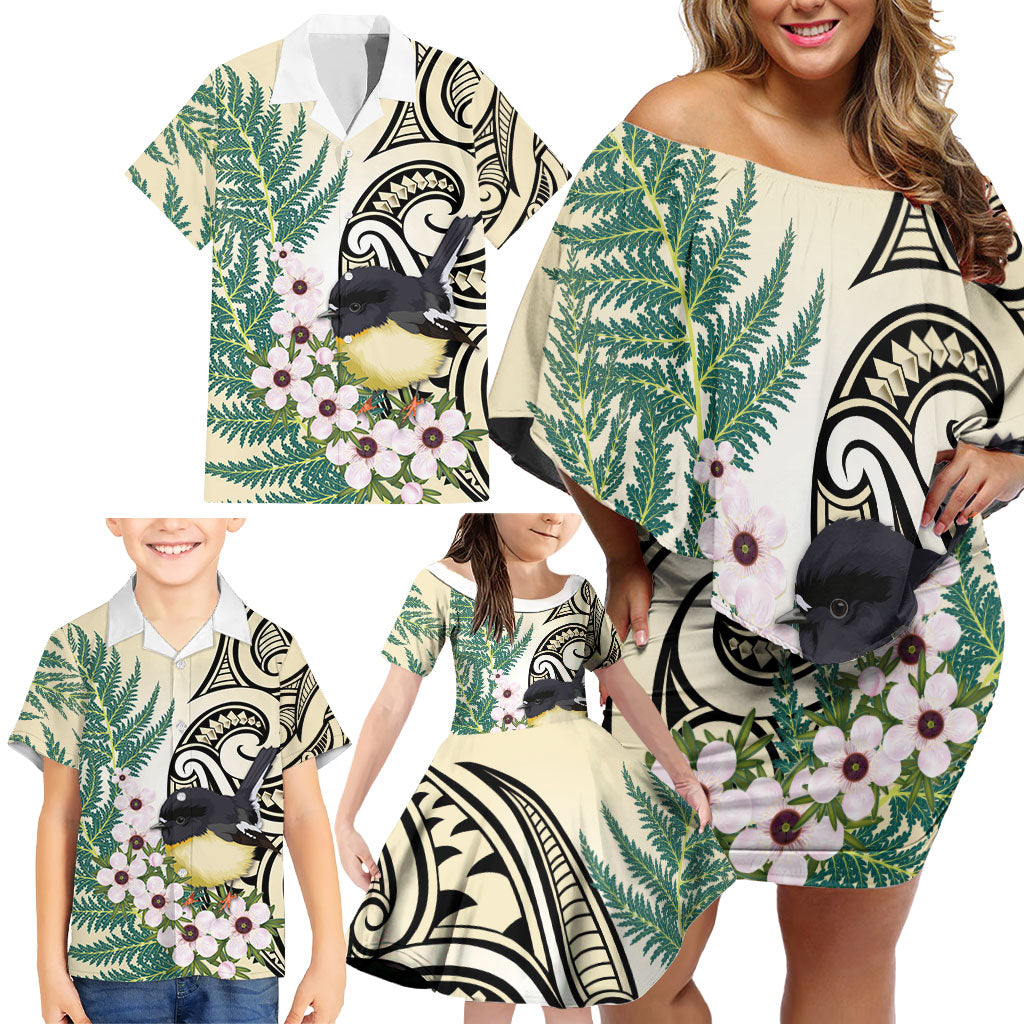Endemic Tomtit New Zealand Family Matching Off Shoulder Short Dress and Hawaiian Shirt Miromiro Manuka Silver Fern Maori Pattern