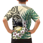 Endemic Tomtit New Zealand Family Matching Off Shoulder Short Dress and Hawaiian Shirt Miromiro Manuka Silver Fern Maori Pattern