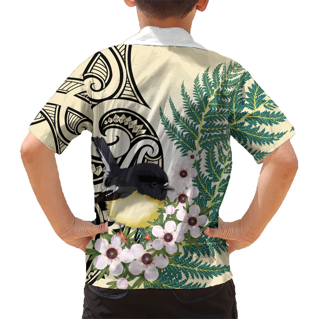 Endemic Tomtit New Zealand Family Matching Off Shoulder Short Dress and Hawaiian Shirt Miromiro Manuka Silver Fern Maori Pattern