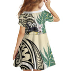 Endemic Tomtit New Zealand Family Matching Off Shoulder Short Dress and Hawaiian Shirt Miromiro Manuka Silver Fern Maori Pattern