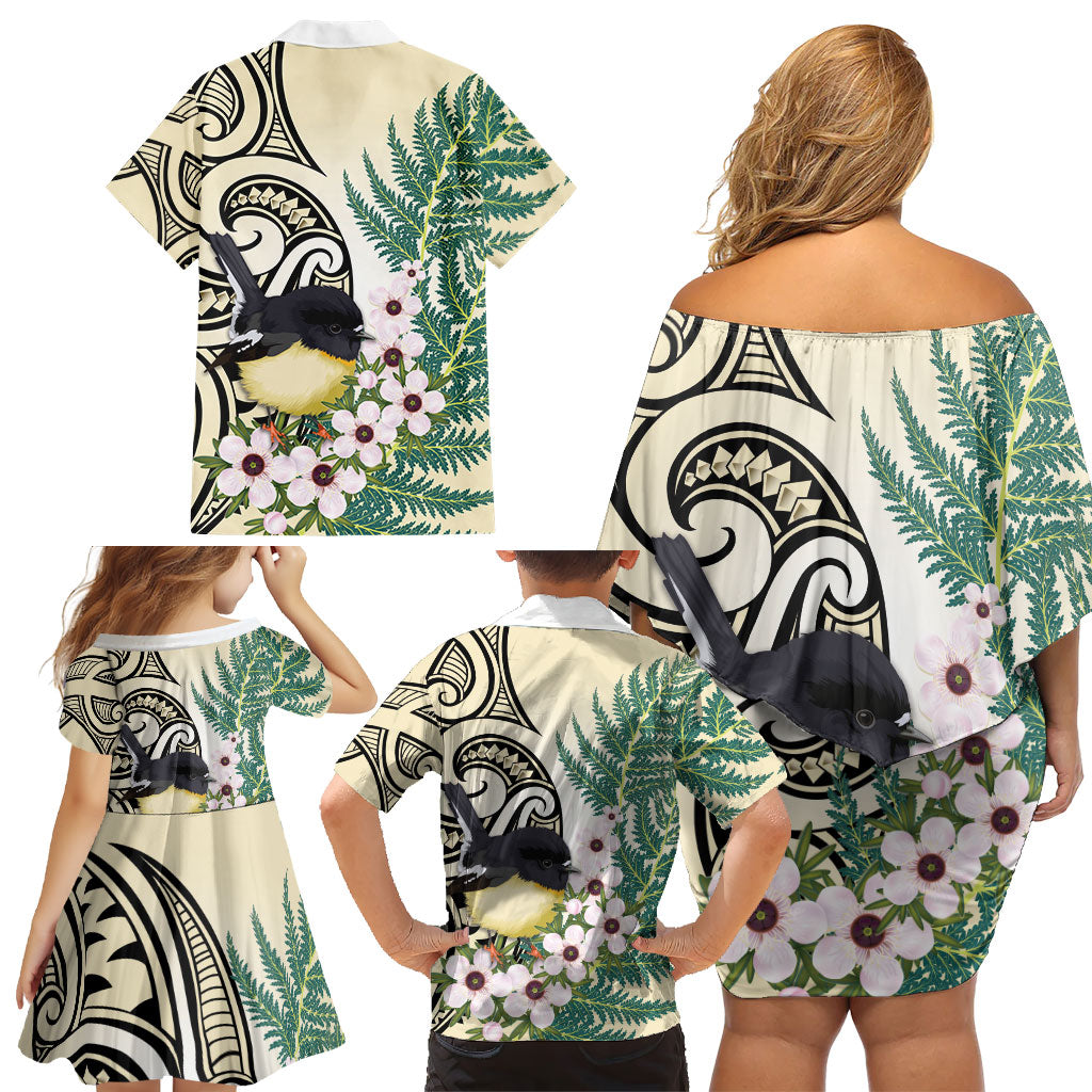 Endemic Tomtit New Zealand Family Matching Off Shoulder Short Dress and Hawaiian Shirt Miromiro Manuka Silver Fern Maori Pattern