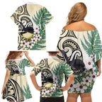 Endemic Tomtit New Zealand Family Matching Off Shoulder Short Dress and Hawaiian Shirt Miromiro Manuka Silver Fern Maori Pattern