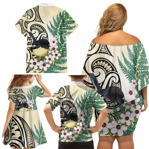 Endemic Tomtit New Zealand Family Matching Off Shoulder Short Dress and Hawaiian Shirt Miromiro Manuka Silver Fern Maori Pattern