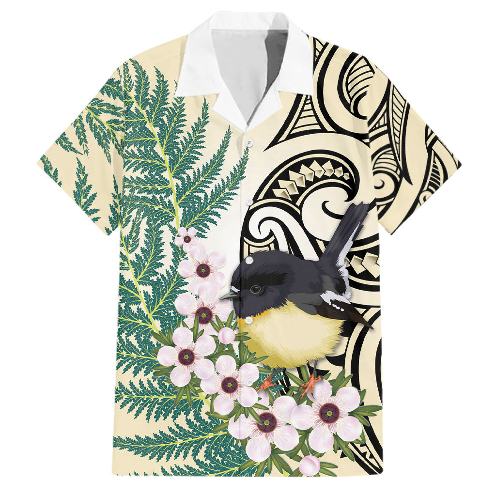 Endemic Tomtit New Zealand Family Matching Off Shoulder Short Dress and Hawaiian Shirt Miromiro Manuka Silver Fern Maori Pattern