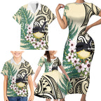 Endemic Tomtit New Zealand Family Matching Short Sleeve Bodycon Dress and Hawaiian Shirt Miromiro Manuka Silver Fern Maori Pattern