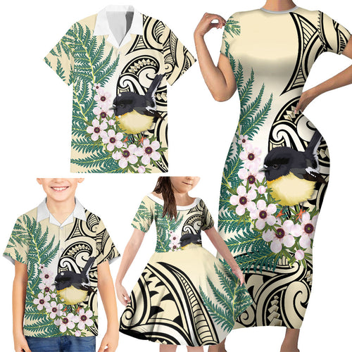 Endemic Tomtit New Zealand Family Matching Short Sleeve Bodycon Dress and Hawaiian Shirt Miromiro Manuka Silver Fern Maori Pattern
