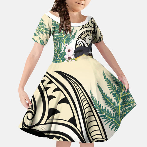 Endemic Tomtit New Zealand Family Matching Short Sleeve Bodycon Dress and Hawaiian Shirt Miromiro Manuka Silver Fern Maori Pattern