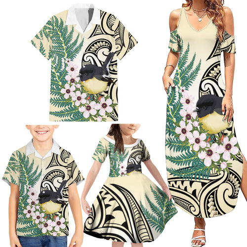 Endemic Tomtit New Zealand Family Matching Summer Maxi Dress and Hawaiian Shirt Miromiro Manuka Silver Fern Maori Pattern