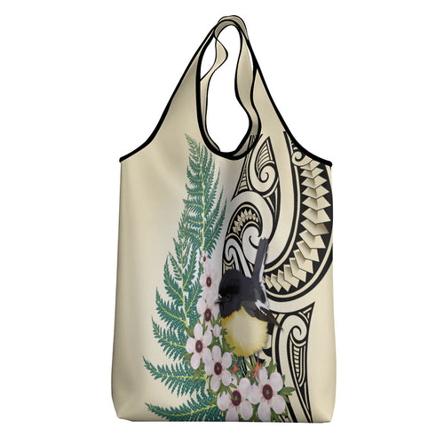 Endemic Tomtit New Zealand Grocery Bag Miromiro Manuka Silver Fern Maori Pattern