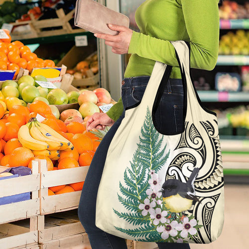 Endemic Tomtit New Zealand Grocery Bag Miromiro Manuka Silver Fern Maori Pattern