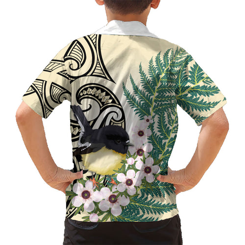 Endemic Tomtit New Zealand Kid Hawaiian Shirt Miromiro Manuka Silver Fern Maori Pattern