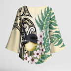 Endemic Tomtit New Zealand Kimono Sleeve Blouse Miromiro Manuka Silver Fern Maori Pattern