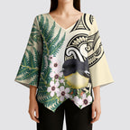 Endemic Tomtit New Zealand Kimono Sleeve Blouse Miromiro Manuka Silver Fern Maori Pattern