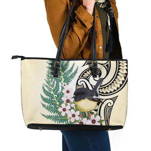 Endemic Tomtit New Zealand Leather Tote Bag Miromiro Manuka Silver Fern Maori Pattern