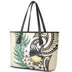 Endemic Tomtit New Zealand Leather Tote Bag Miromiro Manuka Silver Fern Maori Pattern