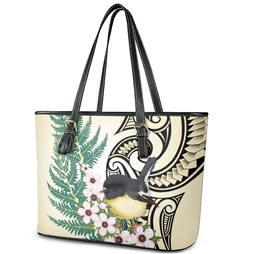 Endemic Tomtit New Zealand Leather Tote Bag Miromiro Manuka Silver Fern Maori Pattern
