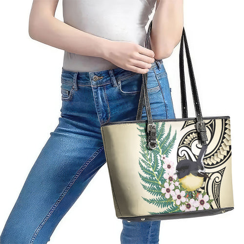 Endemic Tomtit New Zealand Leather Tote Bag Miromiro Manuka Silver Fern Maori Pattern