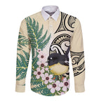 Endemic Tomtit New Zealand Long Sleeve Button Shirt Miromiro Manuka Silver Fern Maori Pattern