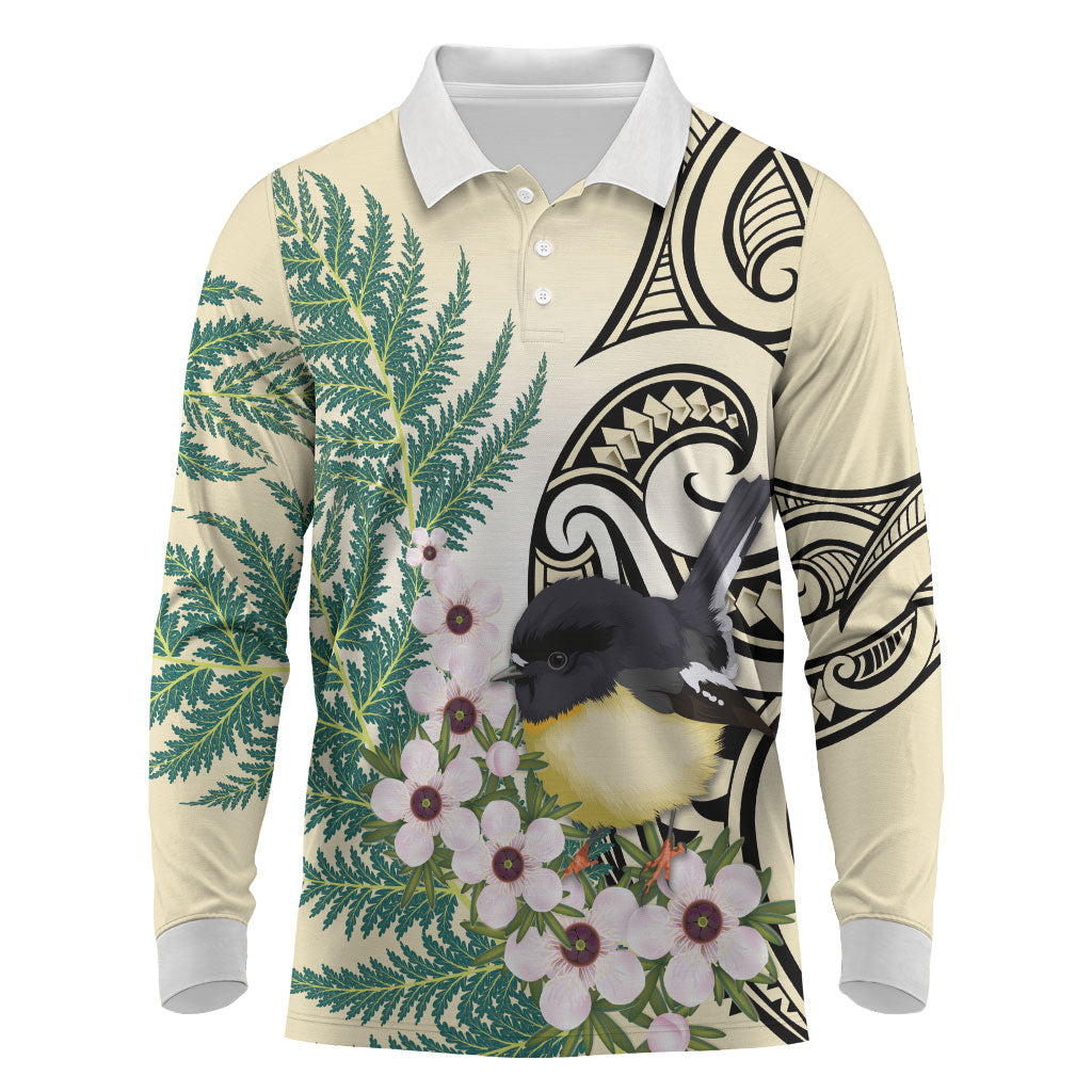 Endemic Tomtit New Zealand Long Sleeve Polo Shirt Miromiro Manuka Silver Fern Maori Pattern