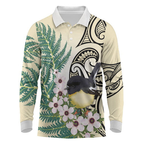 Endemic Tomtit New Zealand Long Sleeve Polo Shirt Miromiro Manuka Silver Fern Maori Pattern