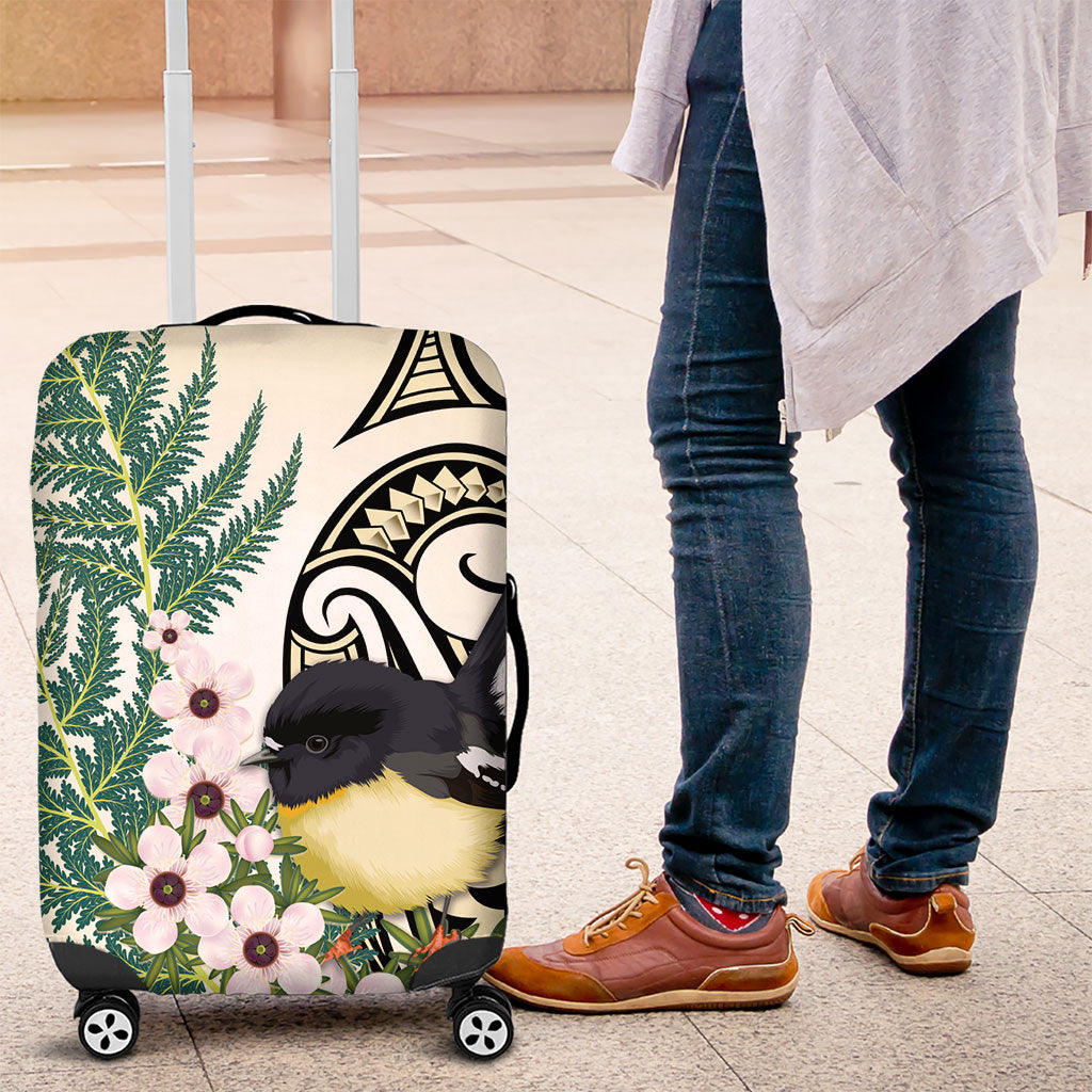 Endemic Tomtit New Zealand Luggage Cover Miromiro Manuka Silver Fern Maori Pattern