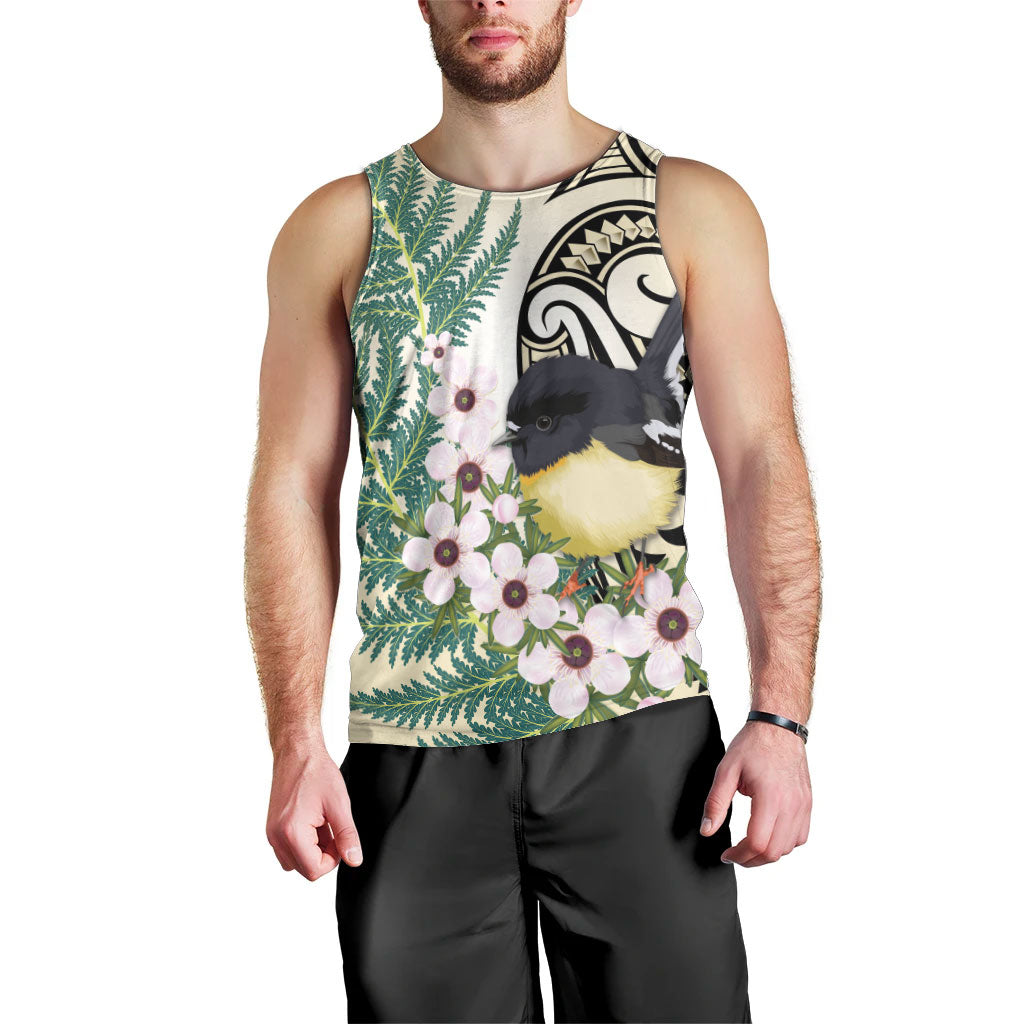 Endemic Tomtit New Zealand Men Tank Top Miromiro Manuka Silver Fern Maori Pattern